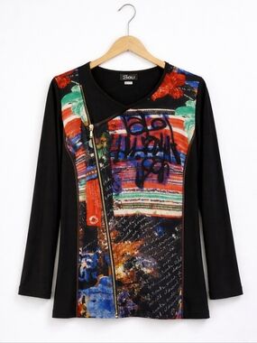 Vintage Bali of Canada Colorful Abstract Print Decorative Zipper Stretch Top